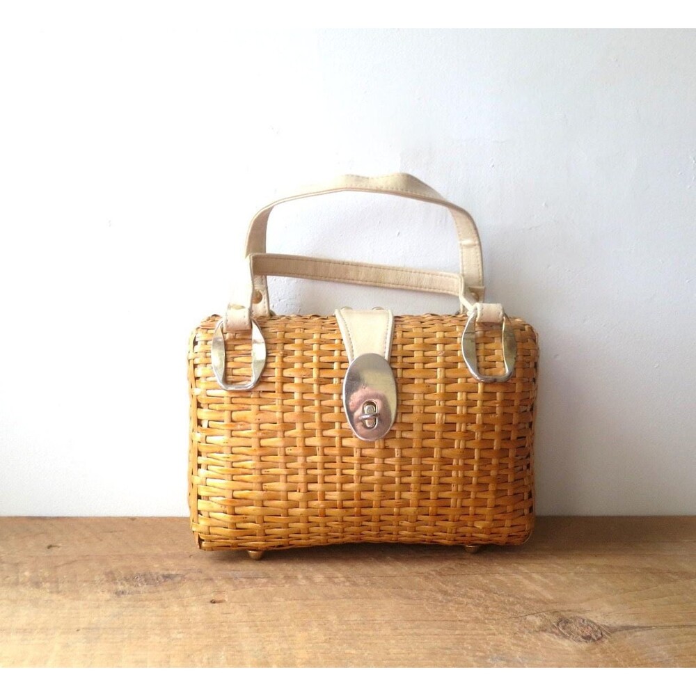 60s Wicker Purse Top Handle Vintage Nantucket Bag Picnic Handbag